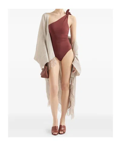 Brunello Cucinelli One Shoulder Swimsuit High Cut Embellished Knot In Burgundy