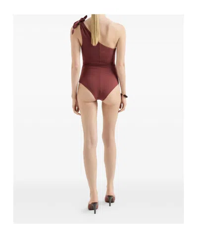 Brunello Cucinelli One Shoulder Swimsuit High Cut Embellished Knot In Burgundy