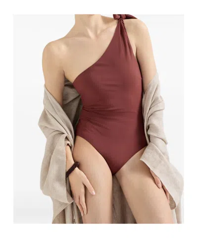 Brunello Cucinelli One Shoulder Swimsuit High Cut Embellished Knot In Burgundy