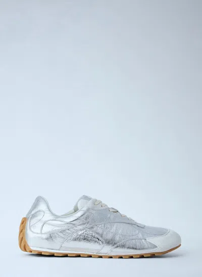 Bottega Veneta Orbit Flash Suede-trimmed Metallic Crinkled-leather Sneakers In Silver
