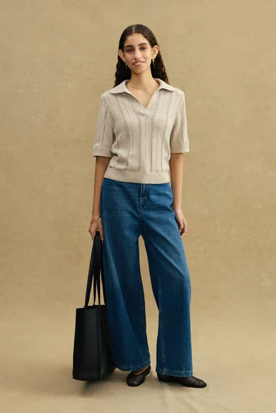 A Days March Lessing Pointelle Open Collar Polo In Sand