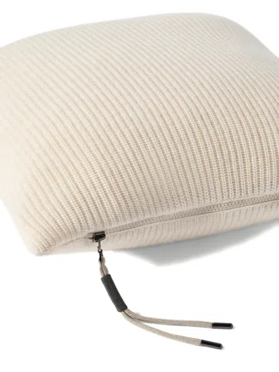 Brunello Cucinelli Cashmere English Rib Knit Cushion With Shiny Zipper Pull In Neutral