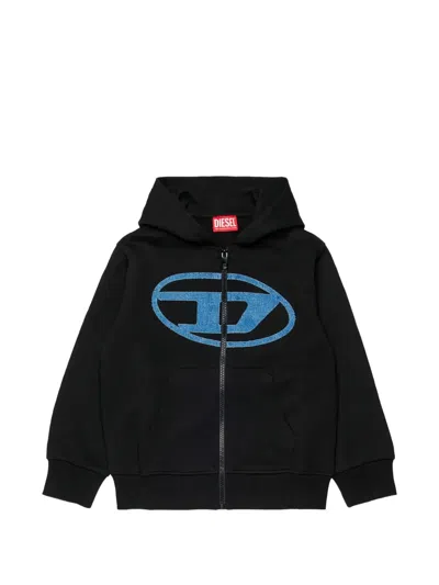 Diesel Kids Oval-d Logo Printed Zipped Hoodie In Black