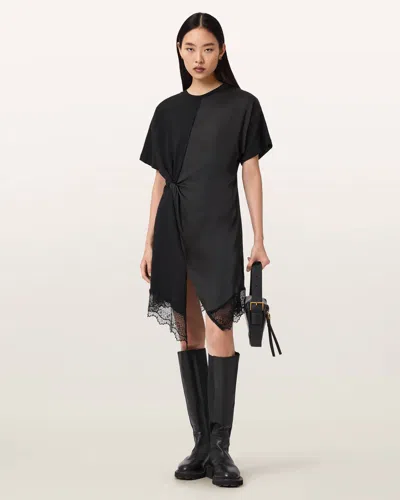 Allsaints Womens Black Lana Lace-embroidered Short-sleeve Cotton Mini Dress