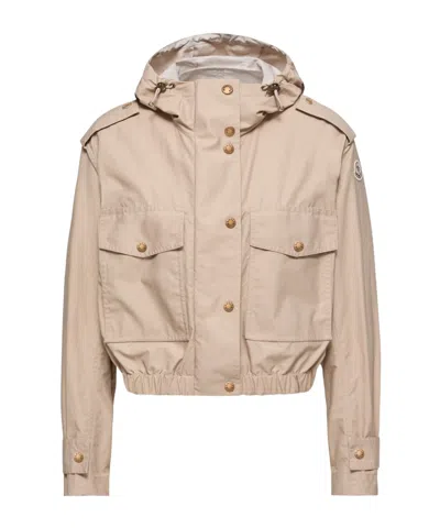Moncler Carex Cropped Hooded Cotton-blend Poplin Jacket In Neutral