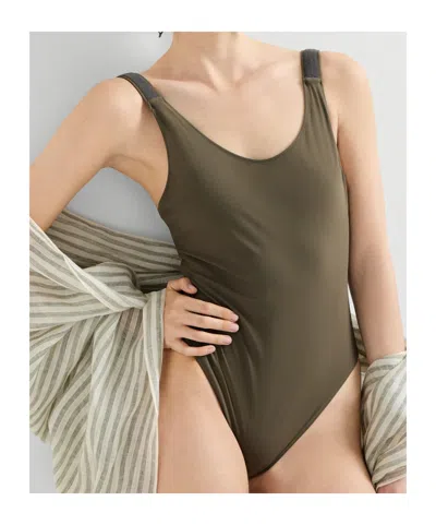 Brunello Cucinelli One Piece Swimsuit Scoop Neckline High Cut In Green