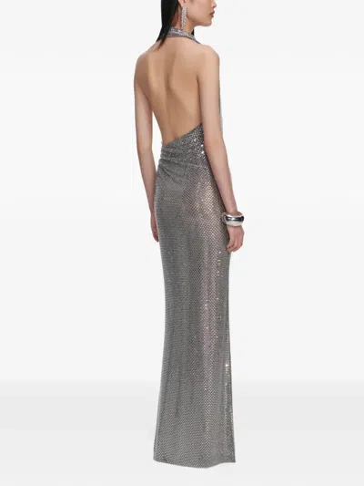 Self-portrait Embellished Draped Mesh Halterneck Maxi Dress In Silver