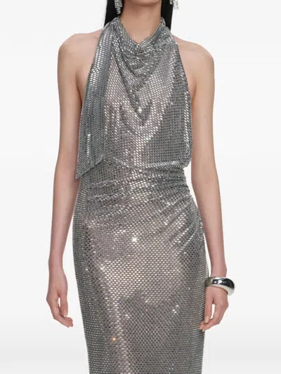 Self-portrait Embellished Draped Mesh Halterneck Maxi Dress In Silver