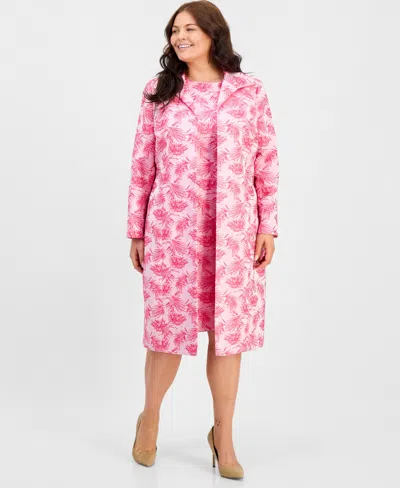 Kasper Plus Size Jacquard Collared Open-front Topper In Pink