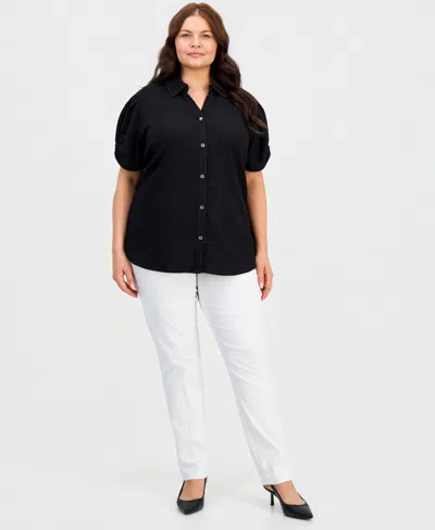 Kasper Plus Size Button-front Pleated-sleeve Top In Black