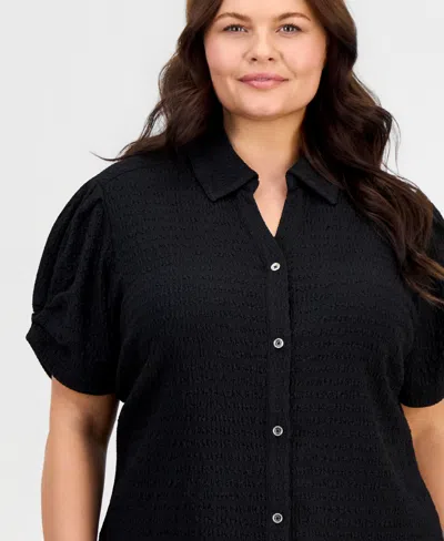 Kasper Plus Size Button-front Pleated-sleeve Top In Black