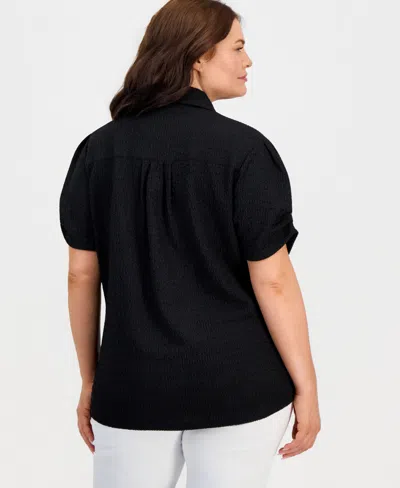 Kasper Plus Size Button-front Pleated-sleeve Top In Black