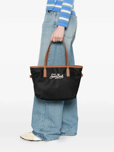 Mc2 Saint Barth Rectangular Tote Bag With Contrasting Brown Handles And White Script Logo In Black