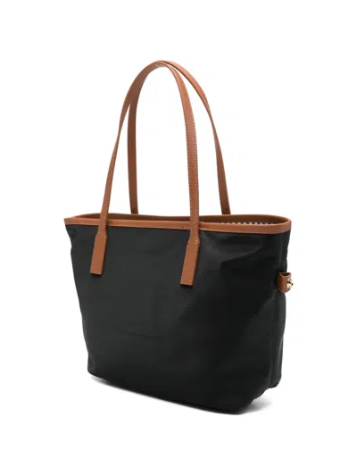 Mc2 Saint Barth Rectangular Tote Bag With Contrasting Brown Handles And White Script Logo In Black