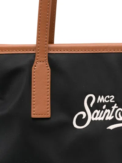 Mc2 Saint Barth Rectangular Tote Bag With Contrasting Brown Handles And White Script Logo In Black