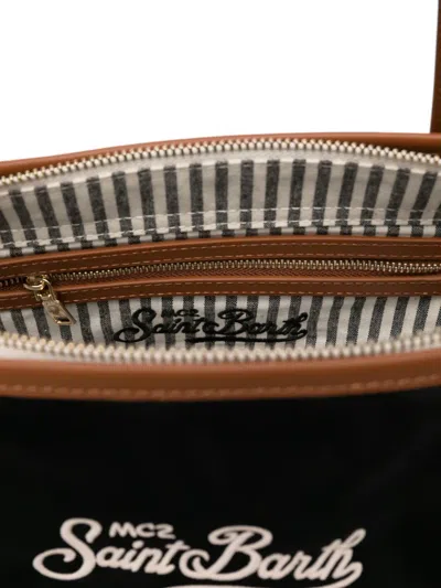 Mc2 Saint Barth Rectangular Tote Bag With Contrasting Brown Handles And White Script Logo In Black