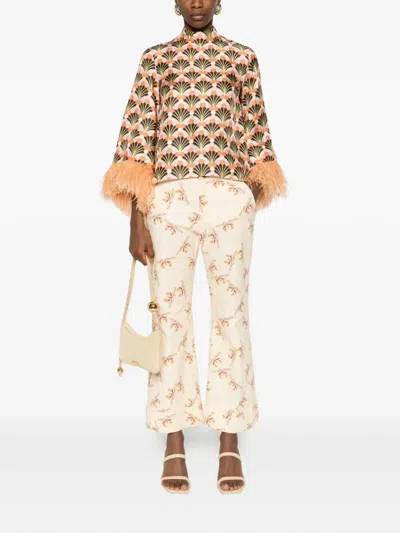 La Doublej Make An Exit Feather-trimmed Printed Silk-twill Top In Orange