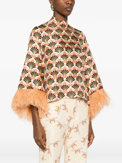 La Doublej Make An Exit Feather-trimmed Printed Silk-twill Top In Orange