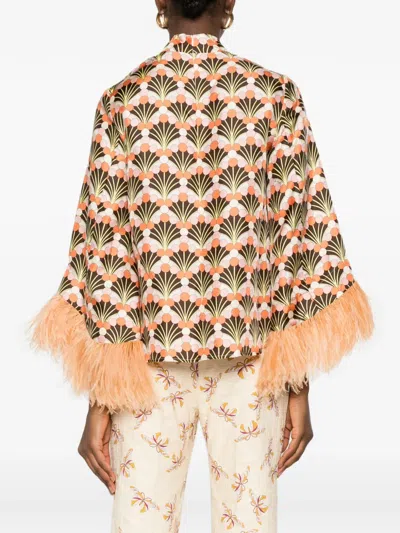 La Doublej Make An Exit Feather-trimmed Printed Silk-twill Top In Orange