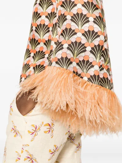 La Doublej Make An Exit Feather-trimmed Printed Silk-twill Top In Orange
