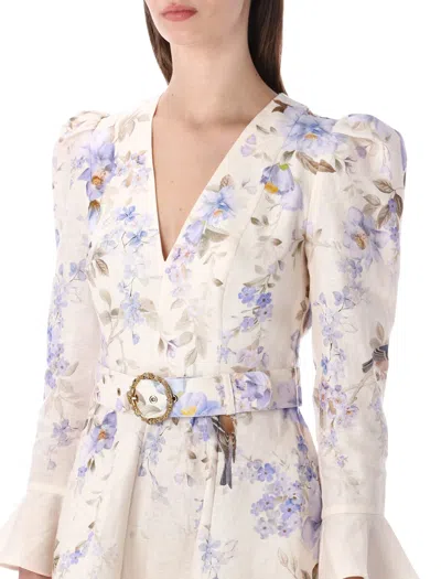 Zimmermann Kindred Spirit Luna Long Sleeve Linen Minidress In Multi