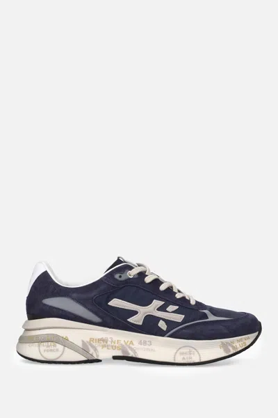 Premiata Blue Suede And Technical Fabric Sneakers With Embossed Logo