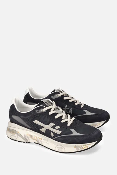 Premiata Blue Suede And Technical Fabric Sneakers With Embossed Logo