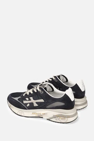 Premiata Blue Suede And Technical Fabric Sneakers With Embossed Logo