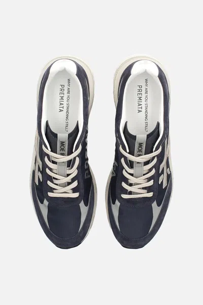 Premiata Blue Suede And Technical Fabric Sneakers With Embossed Logo