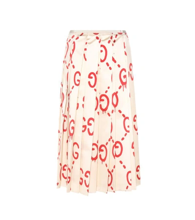 Shop Gucci Ghost Pleated Printed Silk Skirt In White