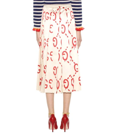 Shop Gucci Ghost Pleated Printed Silk Skirt In White