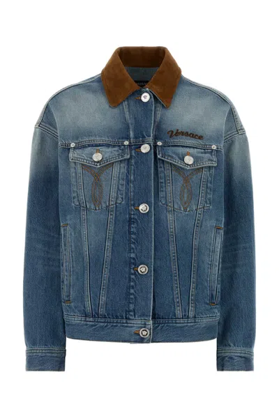 Versace Denim Overwashed Jacket With Embroidered-logo In Blue