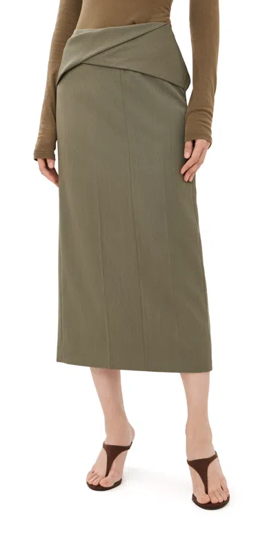 Victoria Beckham Belted Wool-blend Twill Midi Skirt In Brown