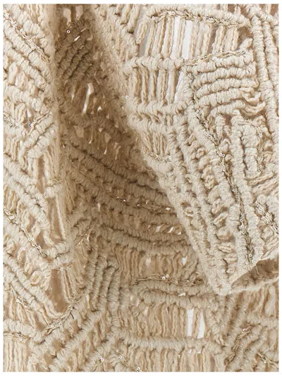 Brunello Cucinelli 'macramé Crochet' Short Sleeve Cardigan With Fringe In Sand
