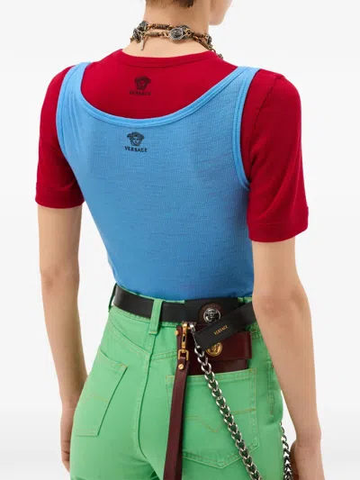 Versace Ribbed Silk-nylon Sleeveless Top With Subtle Logo In Blue
