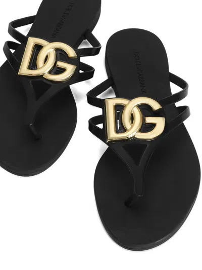 Dolce & Gabbana Black Thong Sandals With Logo Plaque On The Front In Rubber Woman
