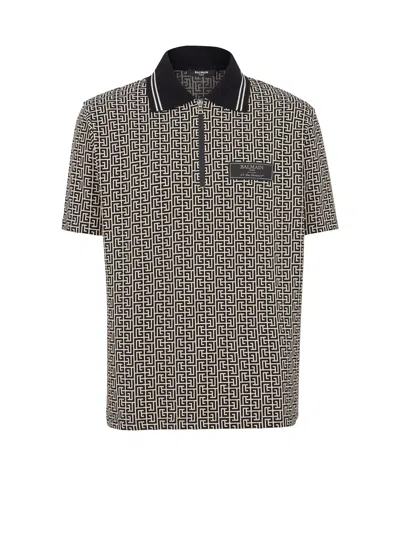 Balmain Men Labyrinth Polo Shirt With Jacquard Effect In Black
