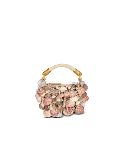 Balmain Ebene Mini Bag With Embroidered Shells In Sand