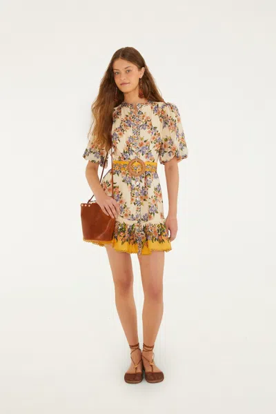Farm Rio Sand Hilo Belted Short-sleeve Mini Dress In Neutral