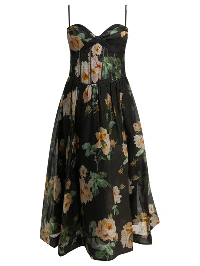 Zimmermann Luna Floral-print Linen And Silk-blend Midi Dress In Black
