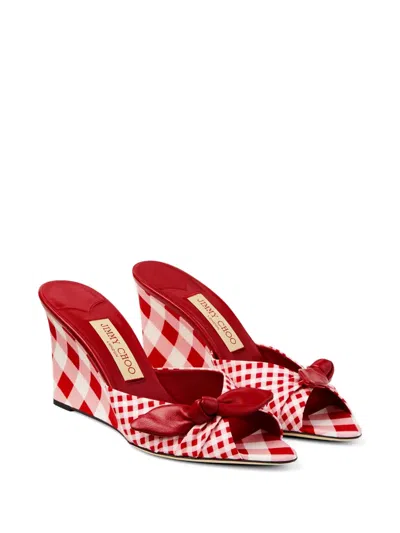 Jimmy Choo Livi 85mm Leather-trimmed Checked Wedge Mules In Red