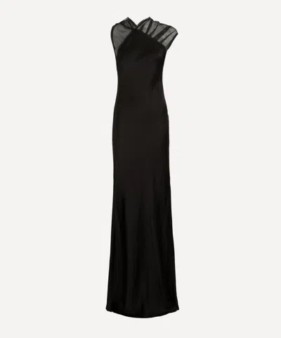 Victoria Beckham Asymmetric Mesh Trim Trumpet Gown In Black