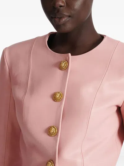 Balmain Women Long Sleeves Buttoned Lambskin Cropped Jacket In Pink