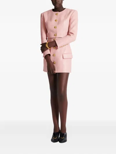 Balmain Women Long Sleeves Buttoned Lambskin Cropped Jacket In Pink
