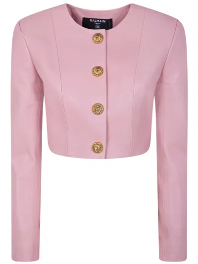 Balmain Women Long Sleeves Buttoned Lambskin Cropped Jacket In Pink