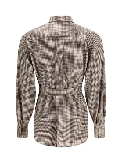 Brunello Cucinelli Check-pattern Shirt With Belt And Shiny Collar Detail Women In Brown