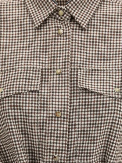 Brunello Cucinelli Check-pattern Shirt With Belt And Shiny Collar Detail Women In Brown