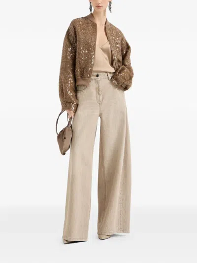 Brunello Cucinelli Women Beige Authentic Denim Wide Jeans With Monili In Neutral