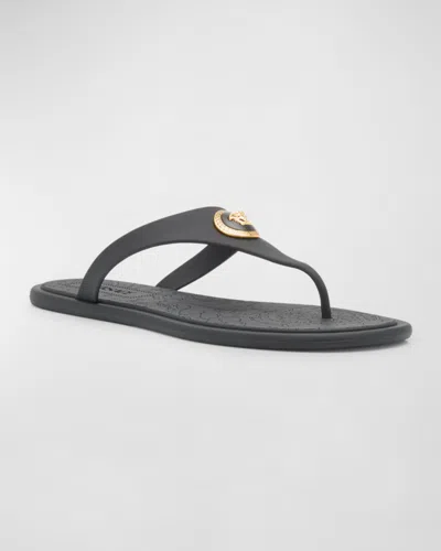Versace Flat Sole Open Toe Sandals With Medusa Motif In Black