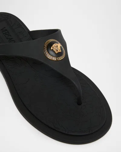 Versace Flat Sole Open Toe Sandals With Medusa Motif In Black